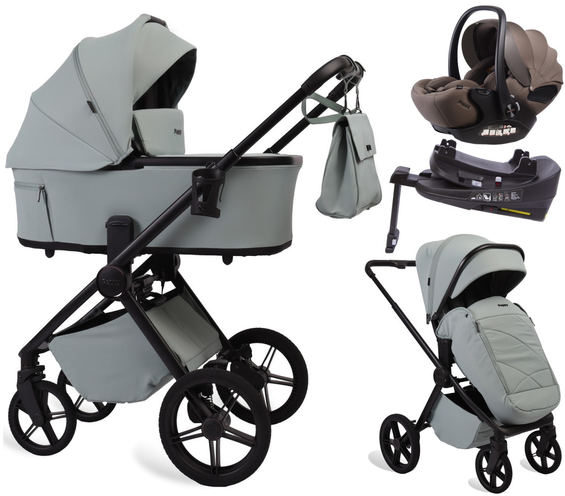 Детская коляска Peppy Monaco Plus 4 в 1 с автокреслом Verona Brown и базой Mint (мятный), рама черная