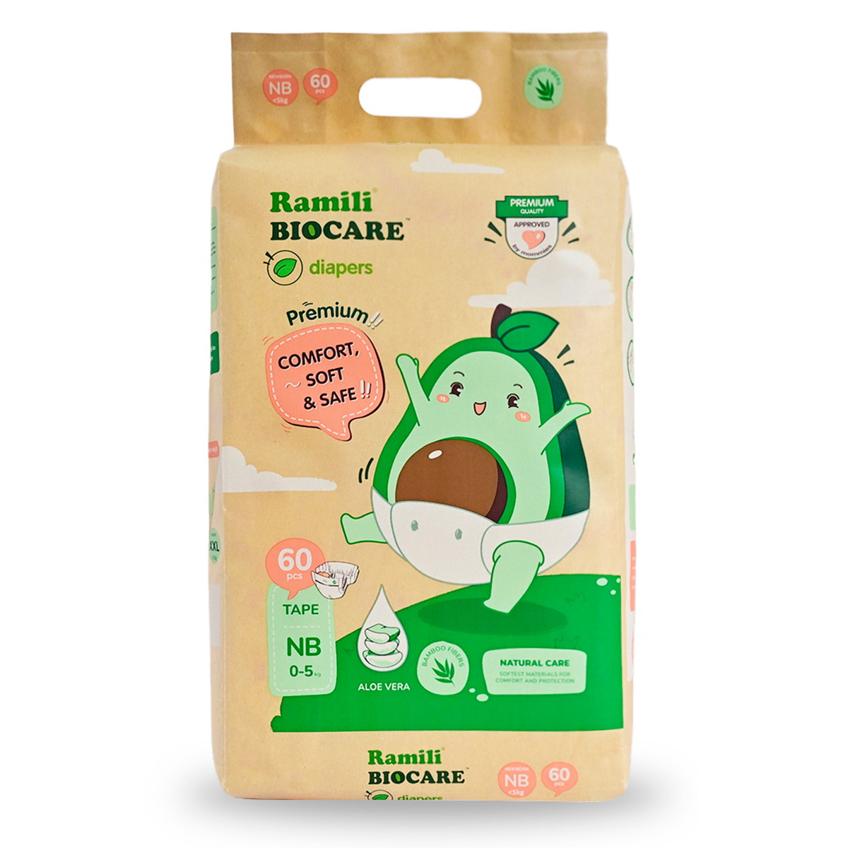 Подгузники Ramili Biocare Newborn (NB, 0–5 кг, 60 шт., NBD60)