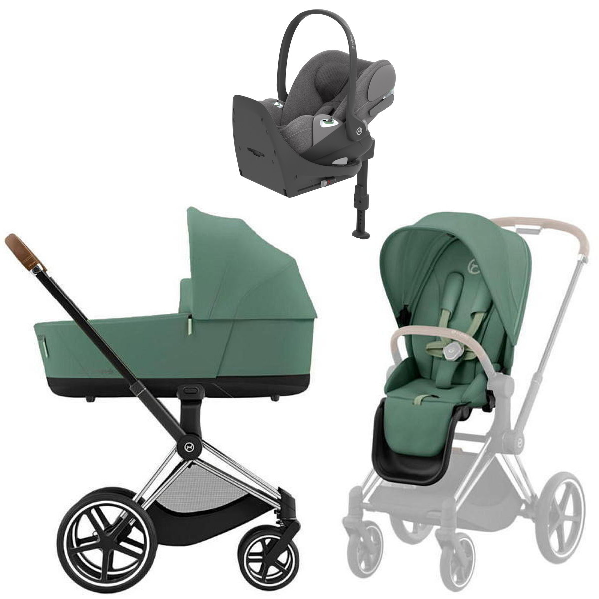 Коляска Cybex Priam IV Chrome Brown complete Cloud T Mirage Grey Plus Base T 3 в 1 Leaf Green