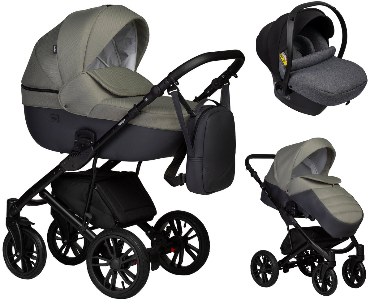 Детская коляска Indigo Mio S 3 в 1 с автокреслом Avionaut Cosmo Grey 05 т.серая кожа+зеленый