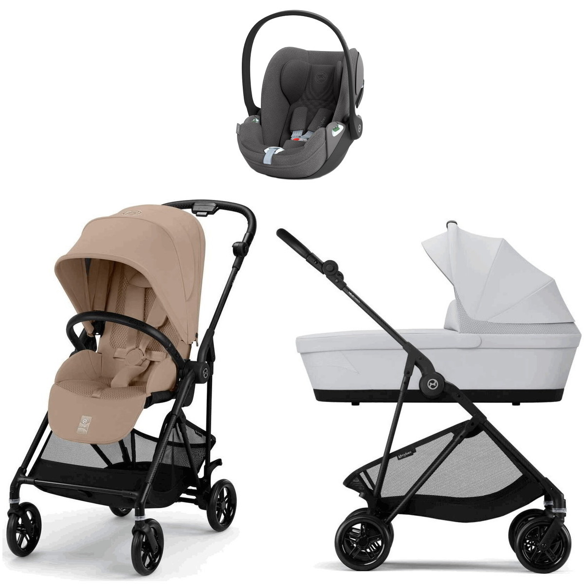 Коляска Cybex Melio Carbon Cloud T i-Size Mirage Grey Plus 3 в 1 Almond Beige с дождевиком/Fog Grey