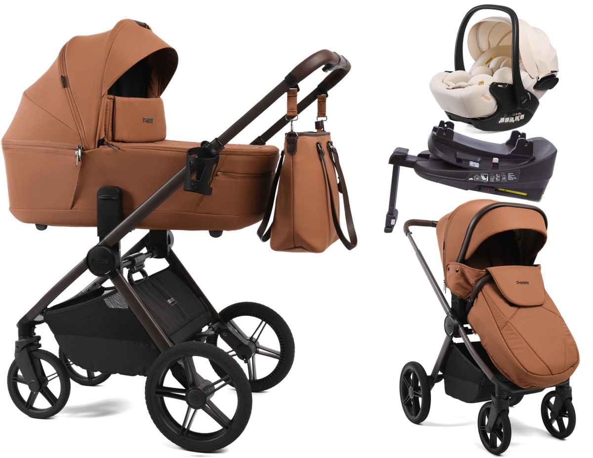 Детская коляска Peppy Monaco Thermo 4 в 1 с автокреслом Verona Beige и базой Biscuit (бисквит), рама серо-коричневая