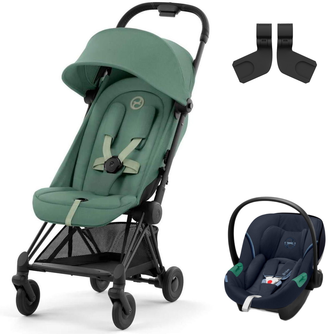 Коляска Cybex Coya Matt Black Frame Aton S2 i-Size Ocean Blue 2 в 1 Leaf Green с дождевиком и бампером