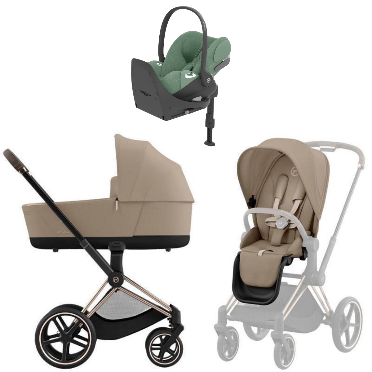 Коляска Cybex Priam IV Rosegold complete Cloud T Leaf Green Plus Base T 3 в 1 Cozy Beige