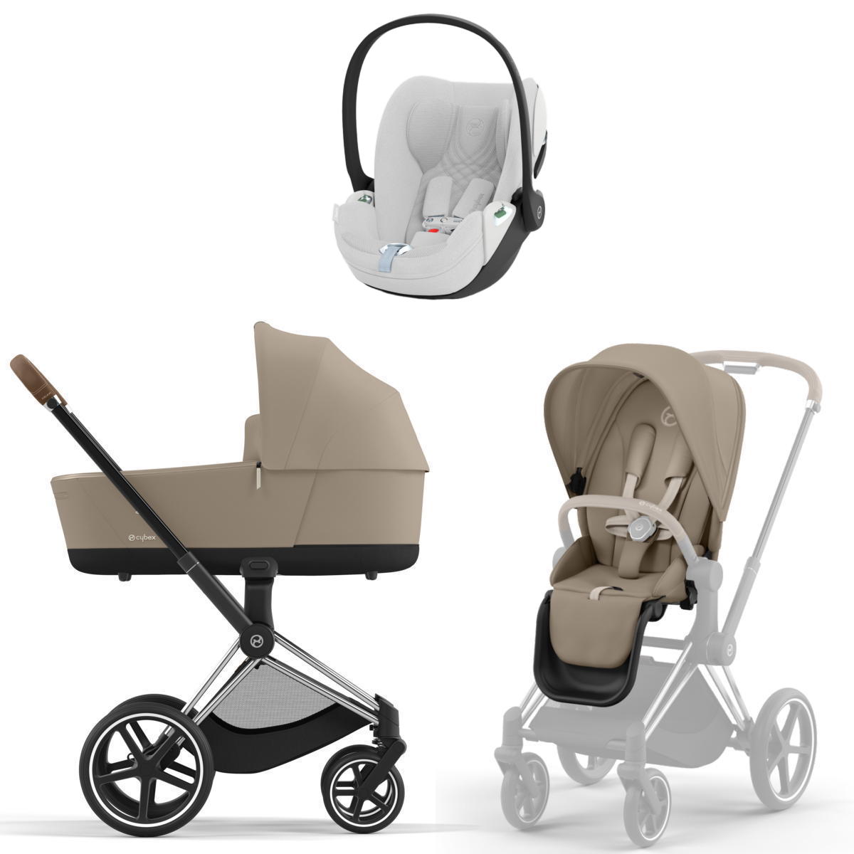 Коляска 3 в 1 Cybex Priam IV Chrome Brown complete и автокресло Cloud T i-Size Platinum White Plus Cozy Beige