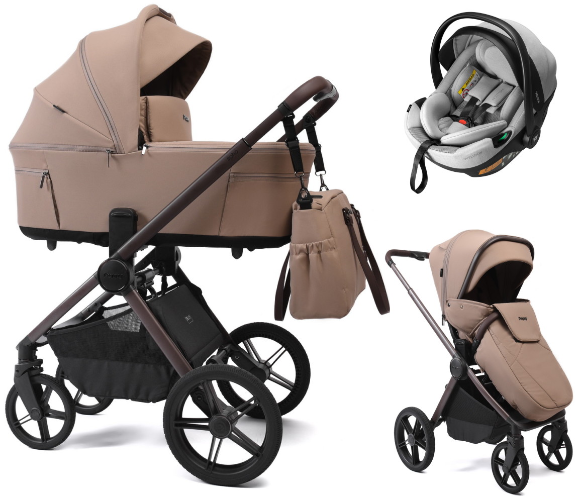 Детская коляска Peppy Soho 3 в 1 с автокреслом Welldon Crown 2 Grey Sand (песочный) рама шоколад