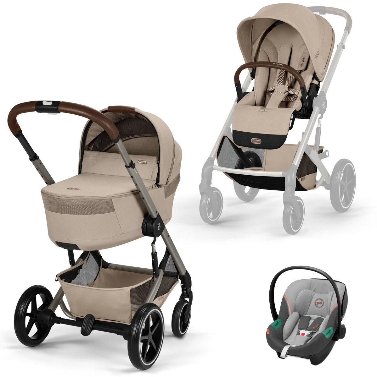 Коляска Cybex Balios S Lux Fold Cot TPE Aton S2 Lava Grey 3 в 1 Almond Beige с дождевиками