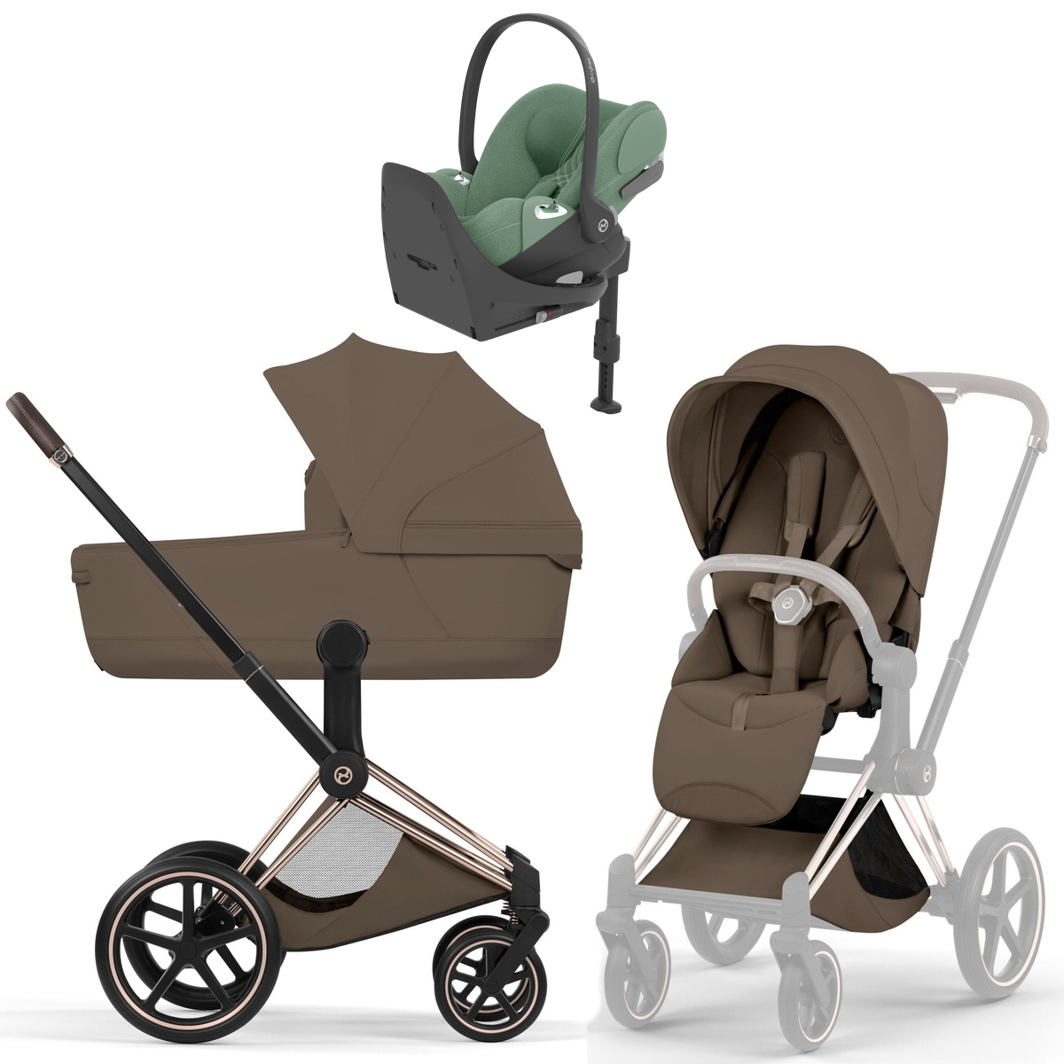 Коляска Cybex Priam V Rosegold Style Cloud T Leaf Green Plus Base T 4 в 1 Coconut Brown