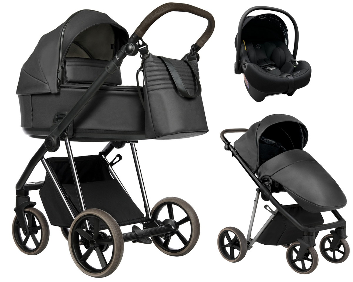Детская коляска Roan Sol Vintage Luxury Leather 2.0 3 в 1 с автокреслом Tutis Elo Lux EduSky Black VEGA99DB Woodland Gray/Nickel/руч.Cappuccino