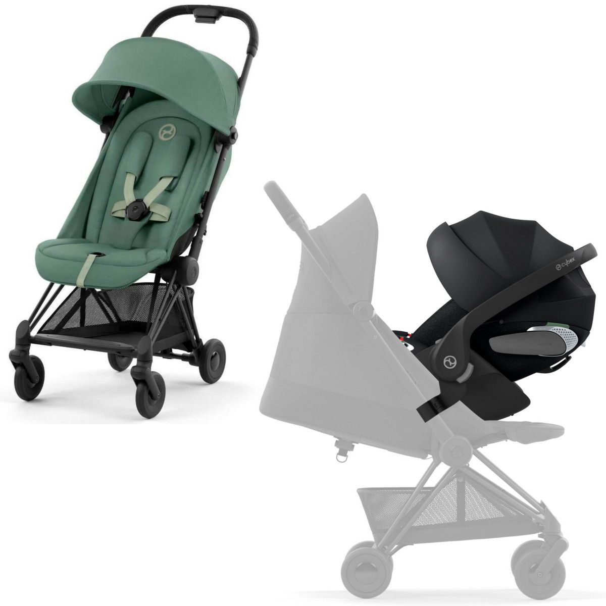 Коляска Cybex Coya Matt Black Frame Cloud T i-Size Sepia Black Plus Leaf Green с дождевиком и бампером