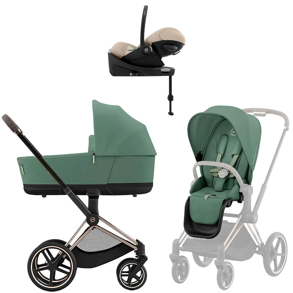 Коляска Cybex Priam IV Rosegold complete Cloud G3 Almond Beige Base G3 4 в 1 Leaf Green