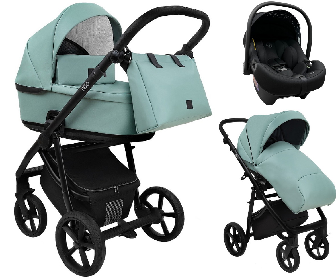 Детская коляска Roan Esso 2025 Кожа 3 в 1 с автокреслом Tutis Elo Lux EduSky Black ESSK/214/1 Misti Mint/Grey/руч.Черный