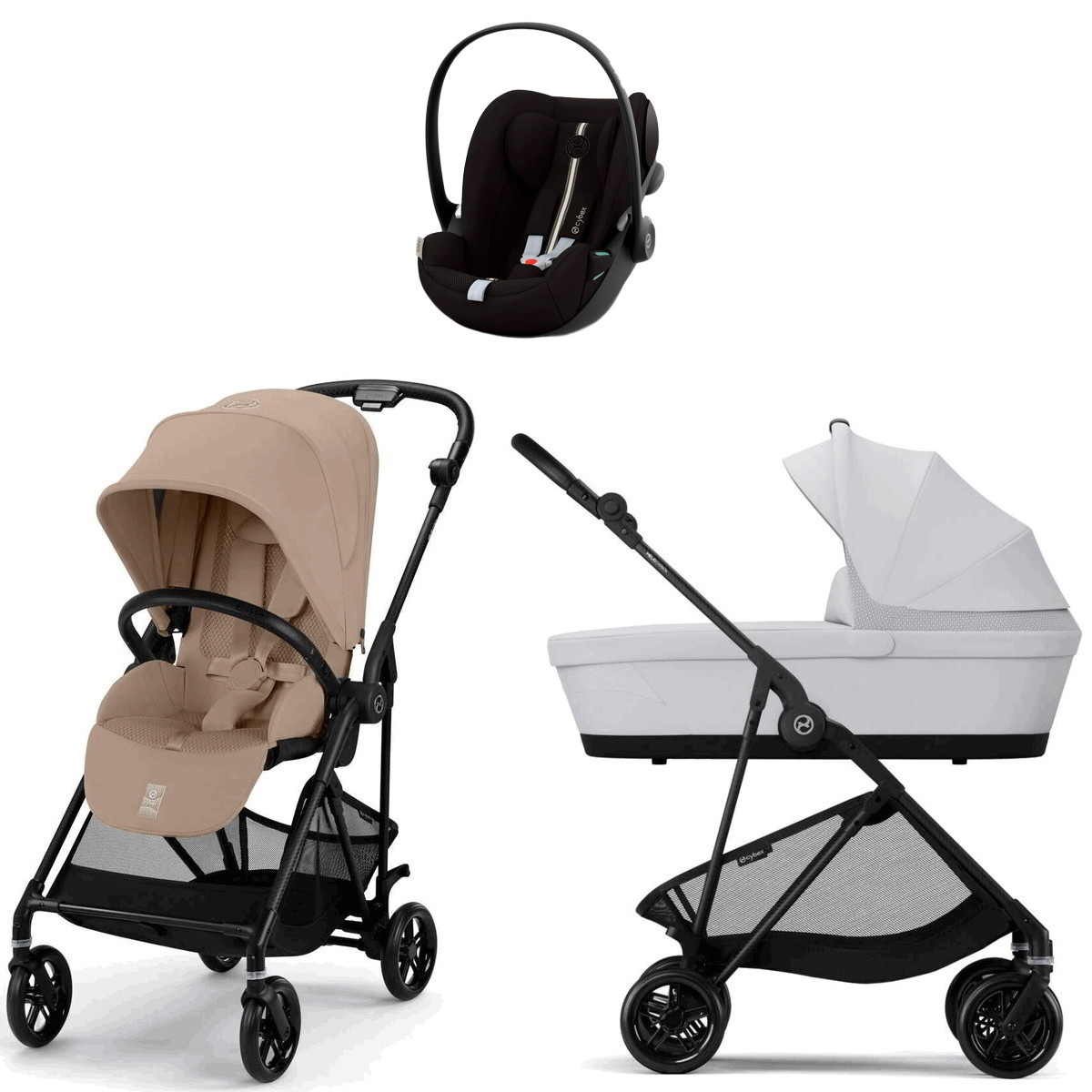 Коляска Cybex Melio Carbon Cloud G i-Size Moon Black Plus 3 в 1 Almond Beige с дождевиком/Fog Grey