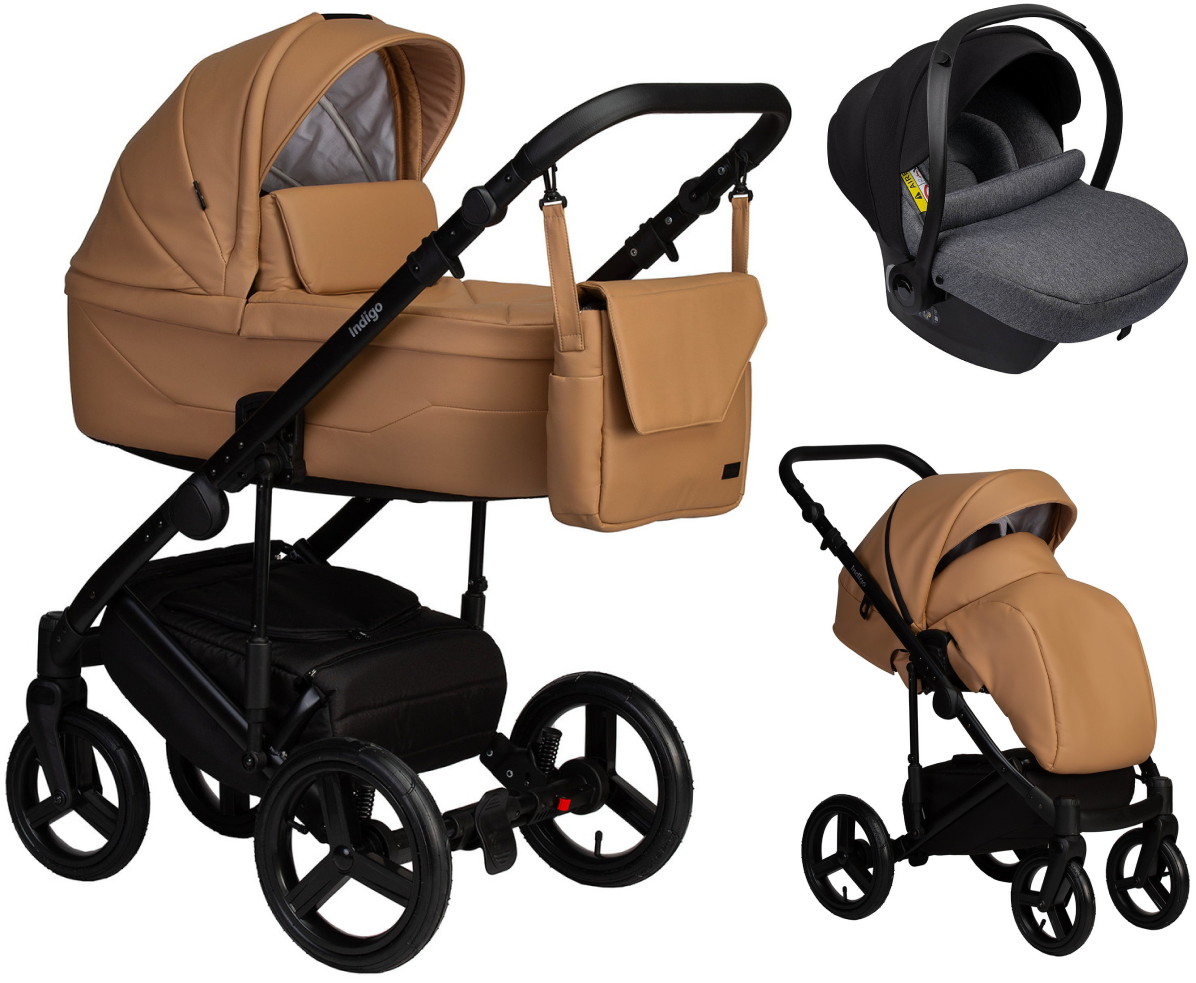 Детская коляска Indigo Lamar 3 в 1 с автокреслом Avionaut Cosmo Grey La03 рыжая кожа
