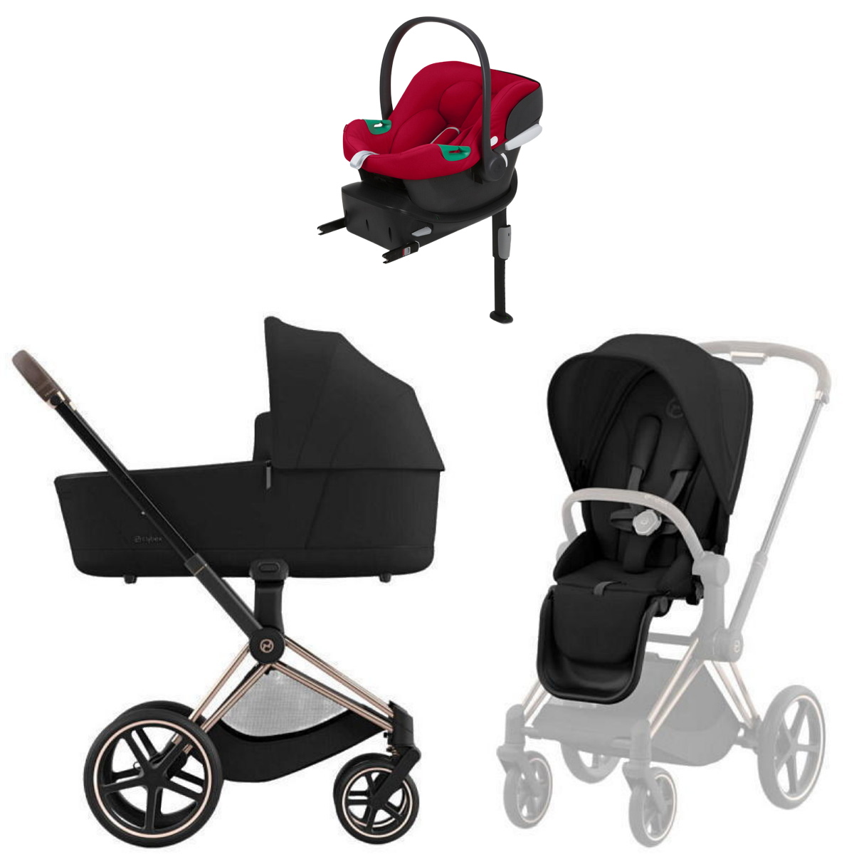Коляска Cybex Priam IV Rosegold complete Aton B2 Dynamic Red Base One 3 в 1 Sepia Black