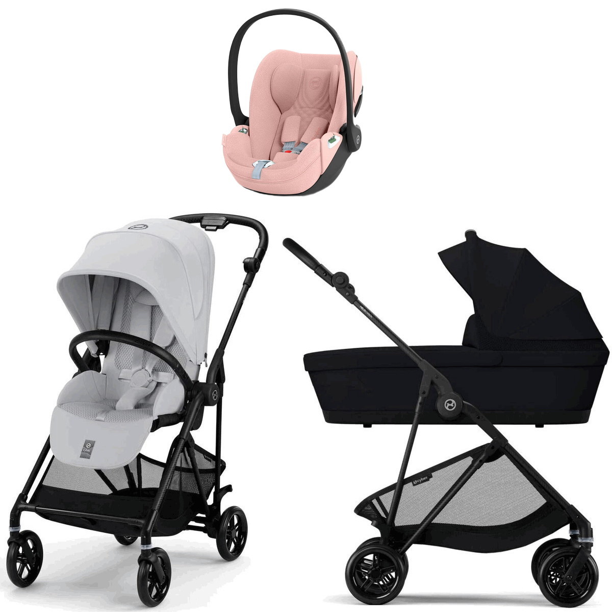 Коляска Cybex Melio Carbon Cloud T i-Size Peach Pink Plus 3 в 1 Fog Grey/Magic Black с дождевиками