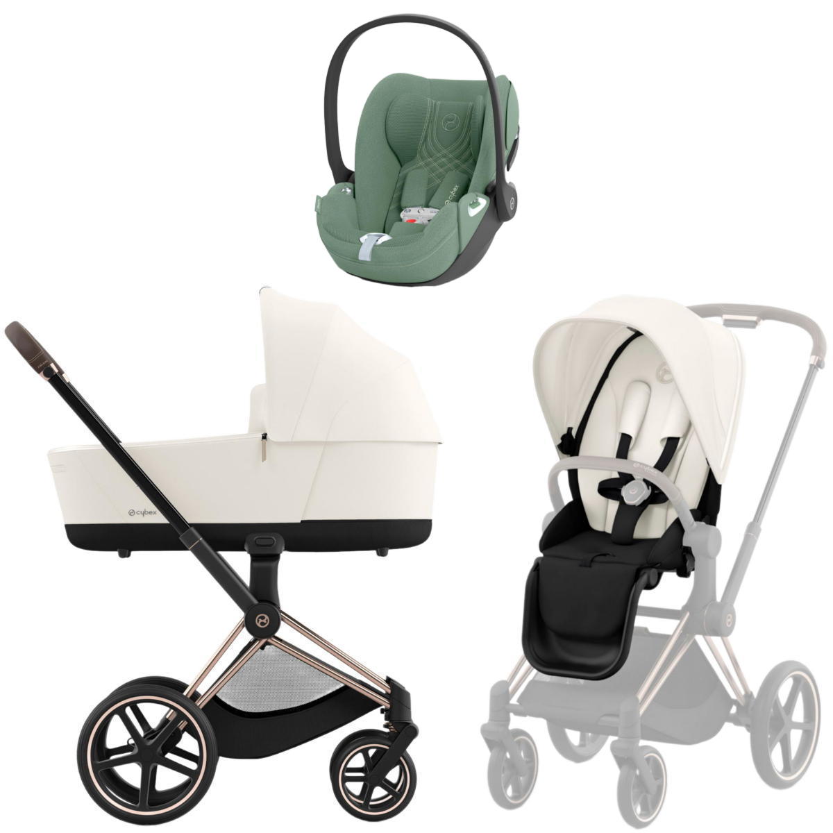 Коляска 3 в 1 Cybex Priam IV Rosegold complete и автокресло Cloud T i-Size Leaf Green Plus Off White