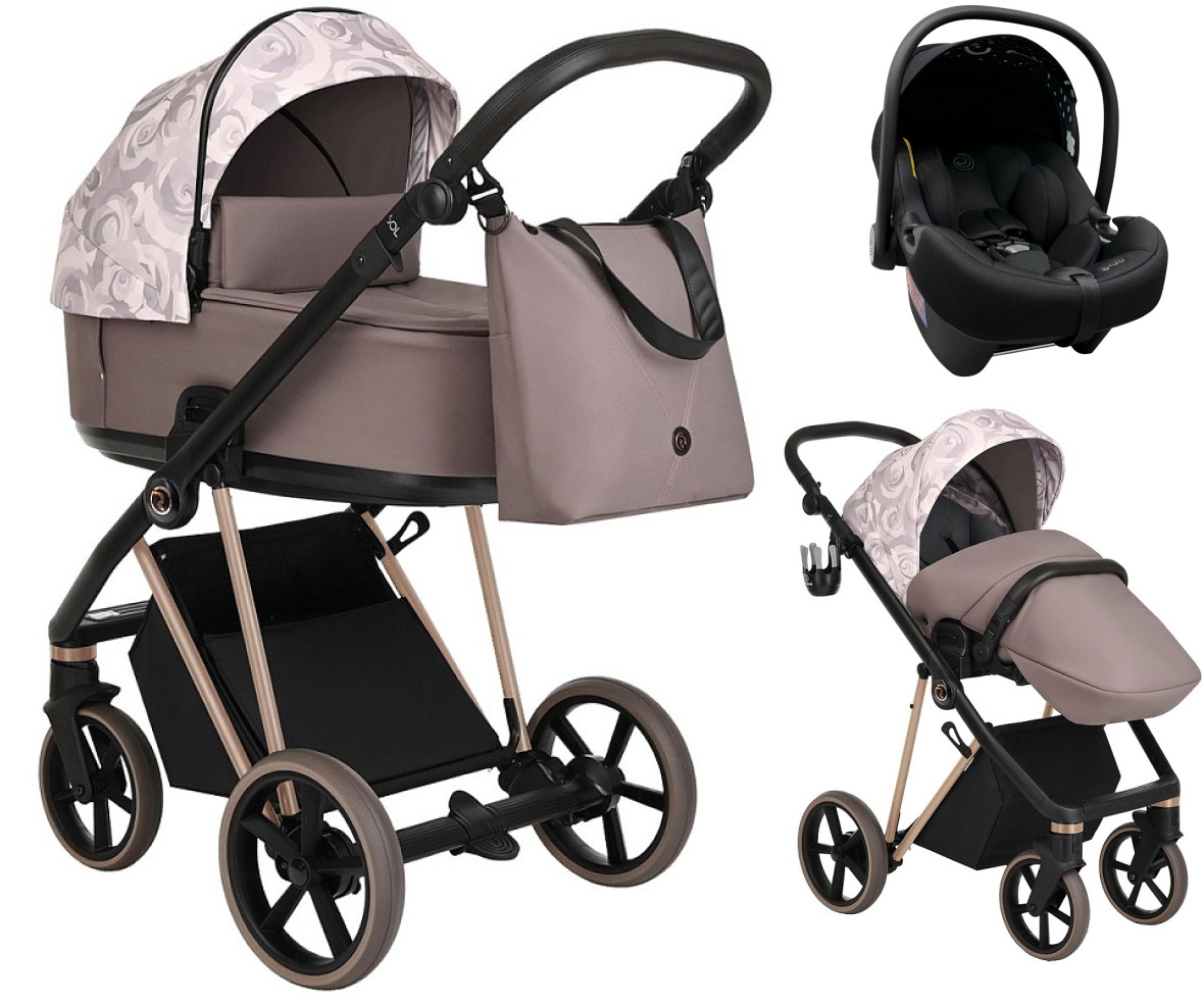 Детская коляска Roan Sol Flowers 3 в 1 с автокреслом Tutis Elo Lux EduSky Black RSF/5001 Powder/Rose gold