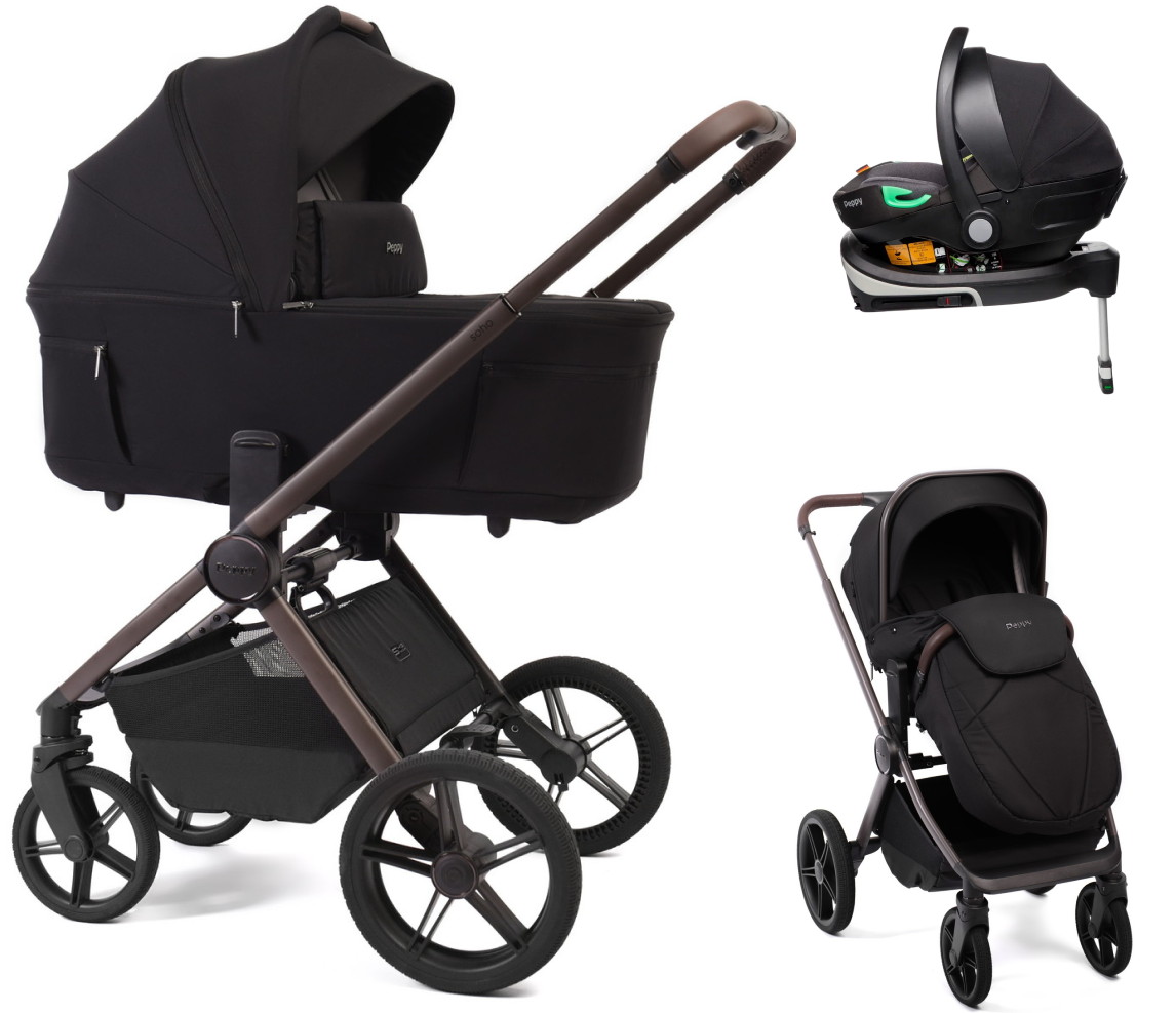 Детская коляска Peppy Soho 4 в 1 с автокреслом First и базой Black (черный) рама шоколад