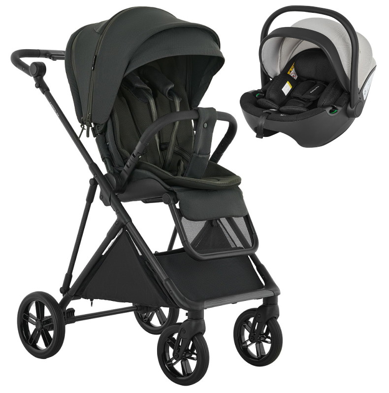 Детская прогулочная коляска Pituso Carbon RX c автокреслом Baesa Pro Black,Beige Canopy Magnet Grey/рама carbon