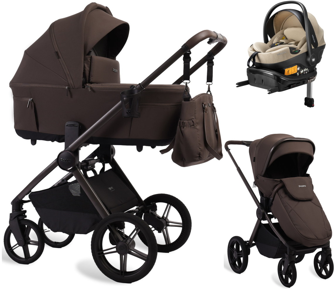 Детская коляска Peppy Soho 4 в 1 с автокреслом Welldon Crown 2 Beige и базой Brown (коричневый), рама серо-бежевый
