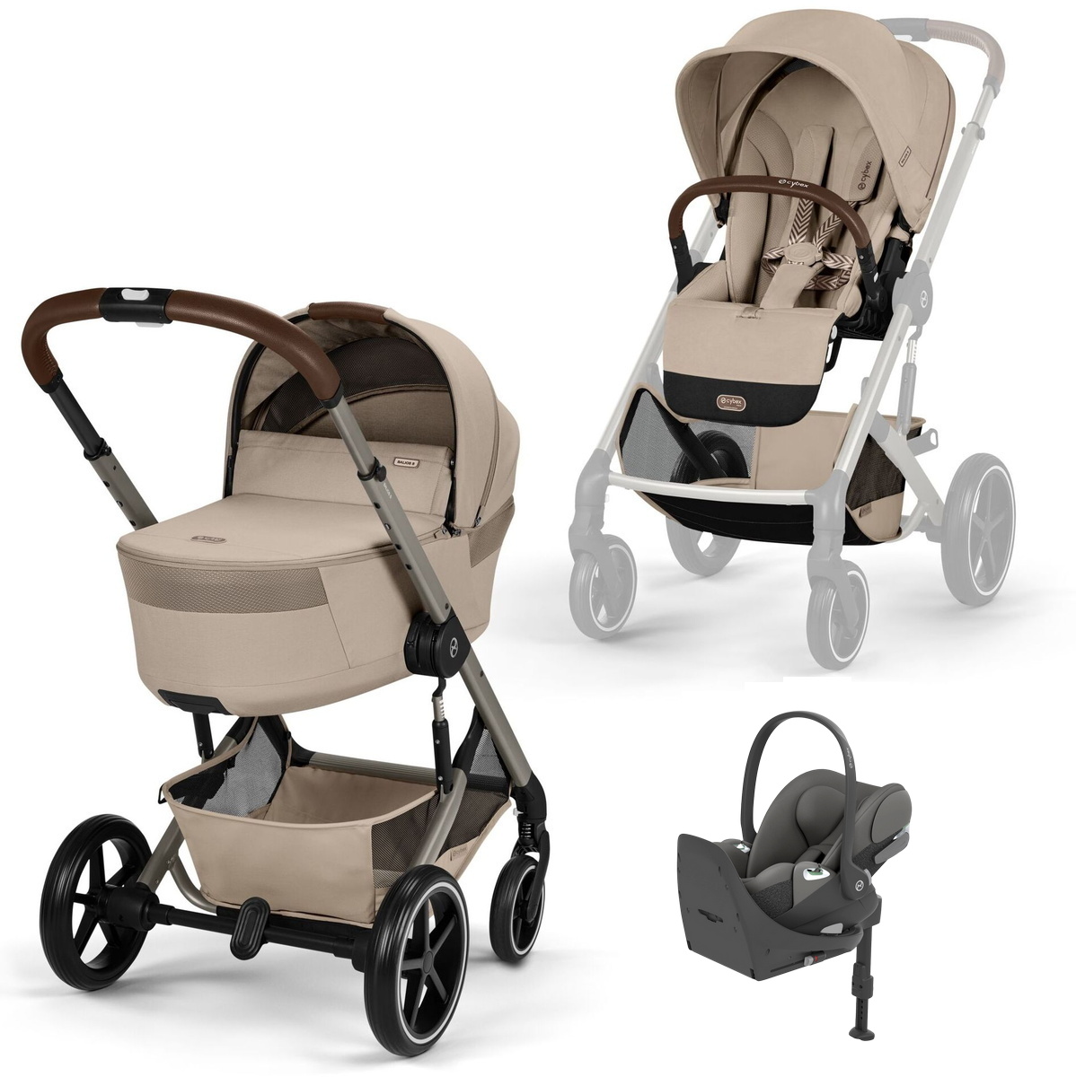 Коляска Cybex Balios S Lux Fold Cot TPE Cloud T Mirage Grey Base T 4 в 1 Almond Beige с дождевиками