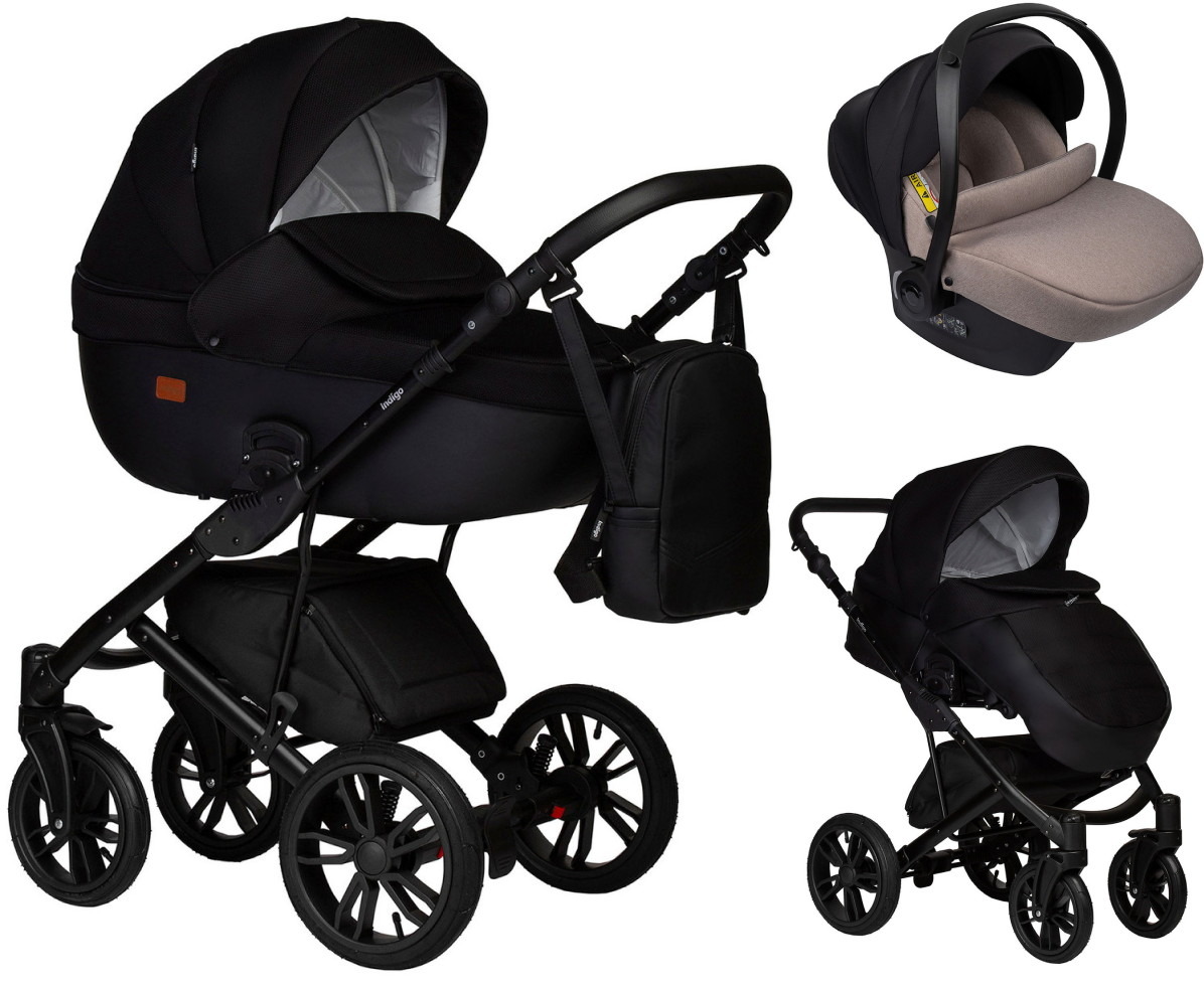Детская коляска Indigo Mio S 3 в 1 с автокреслом Avionaut Cosmo Beige 02 черная кожа+черный