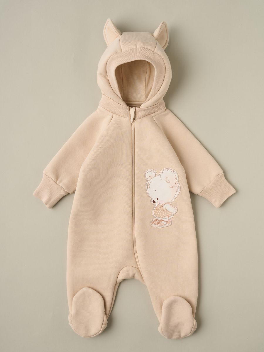 Комбинезон Little Star Мишка Малыш с отстегивающимся капюшоном футер с начесом 823015 (ЧЗ-мз) светло-бежевый 62