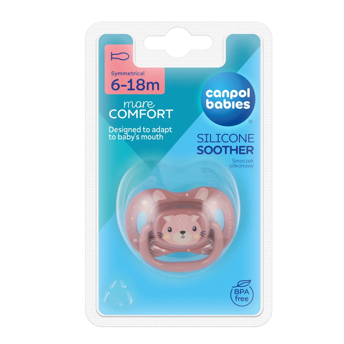 Пустышка силиконовая Canpol babies Cute Animals симметричная 6-18 мес 34/925 розовый зайчик