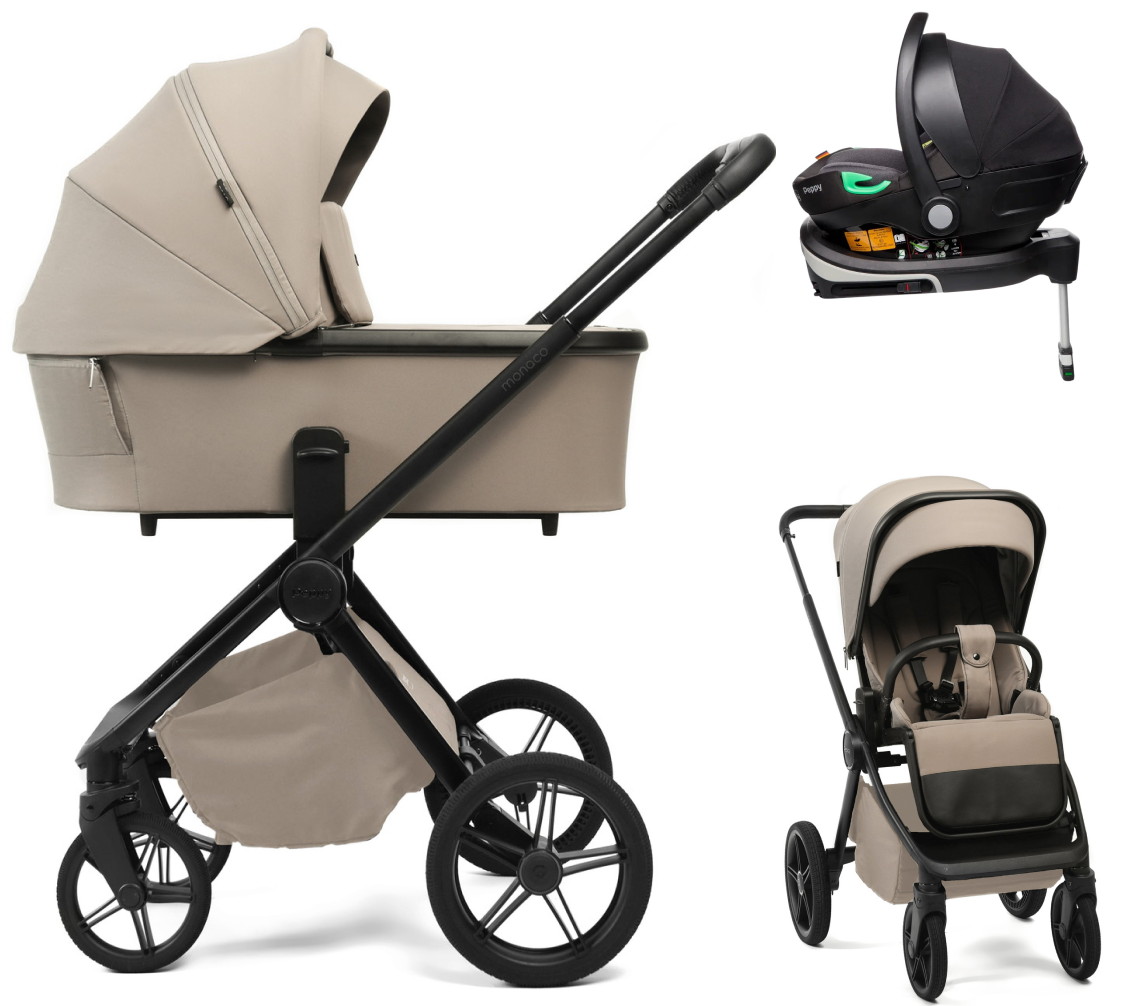Детская коляска Peppy Monaco Plus 4 в 1 с автокреслом First Black и базой Sandstone (песочный), рама черная