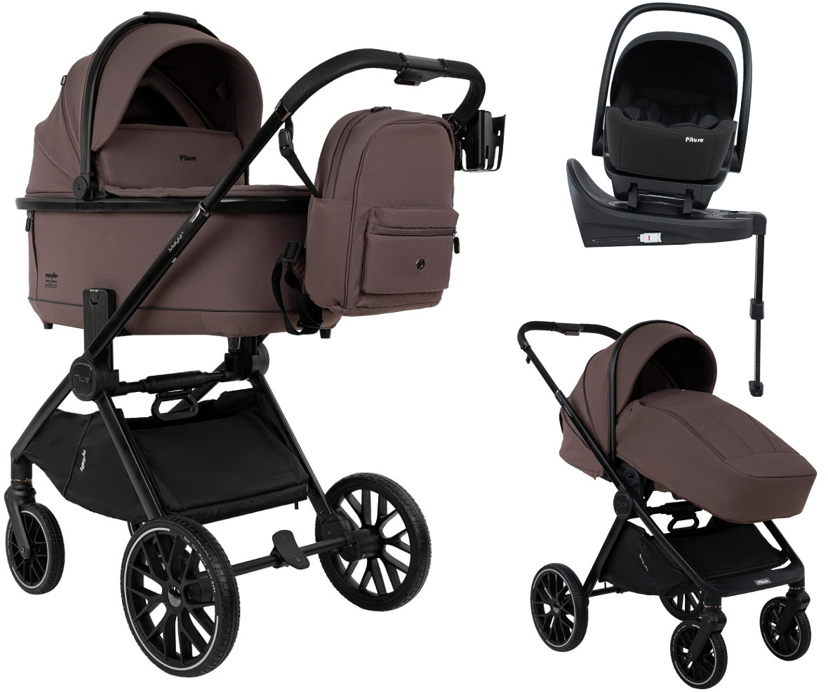 Детская коляска Pituso Mayla Plus 4 в 1 с автокреслом Baesa Black и базой Devine Cocoa/Black