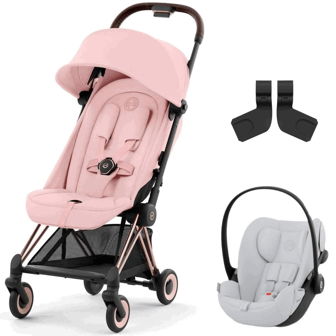 Коляска Cybex Coya Rosegold Frame Cloud G i-Size Fog Grey Peach Pink с дождевиком и бампером