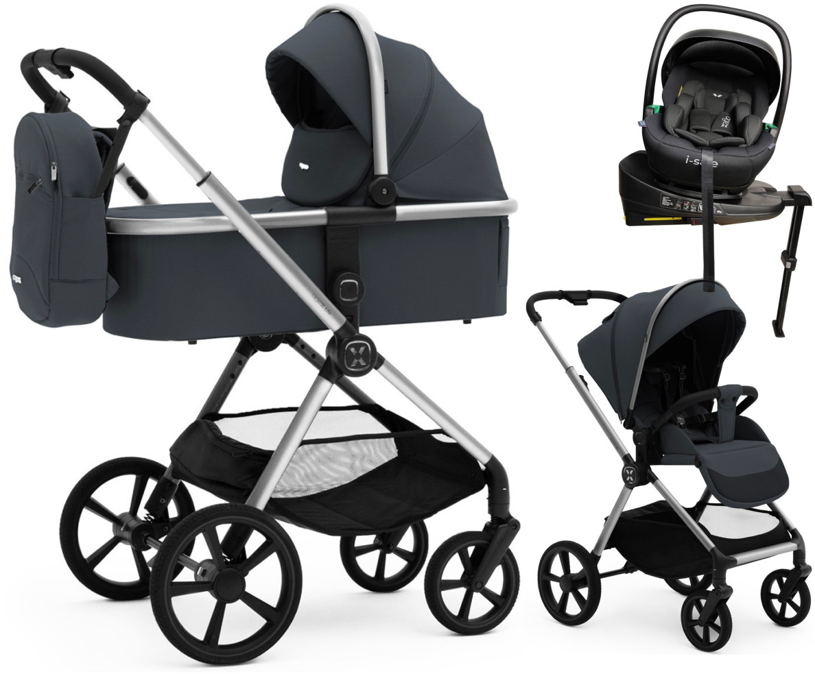 Коляска Agex Life 4 в 1 хромированная рама с автокреслом i-Safe Black и базой ALM606 Midnight Grey (Темно-серый)