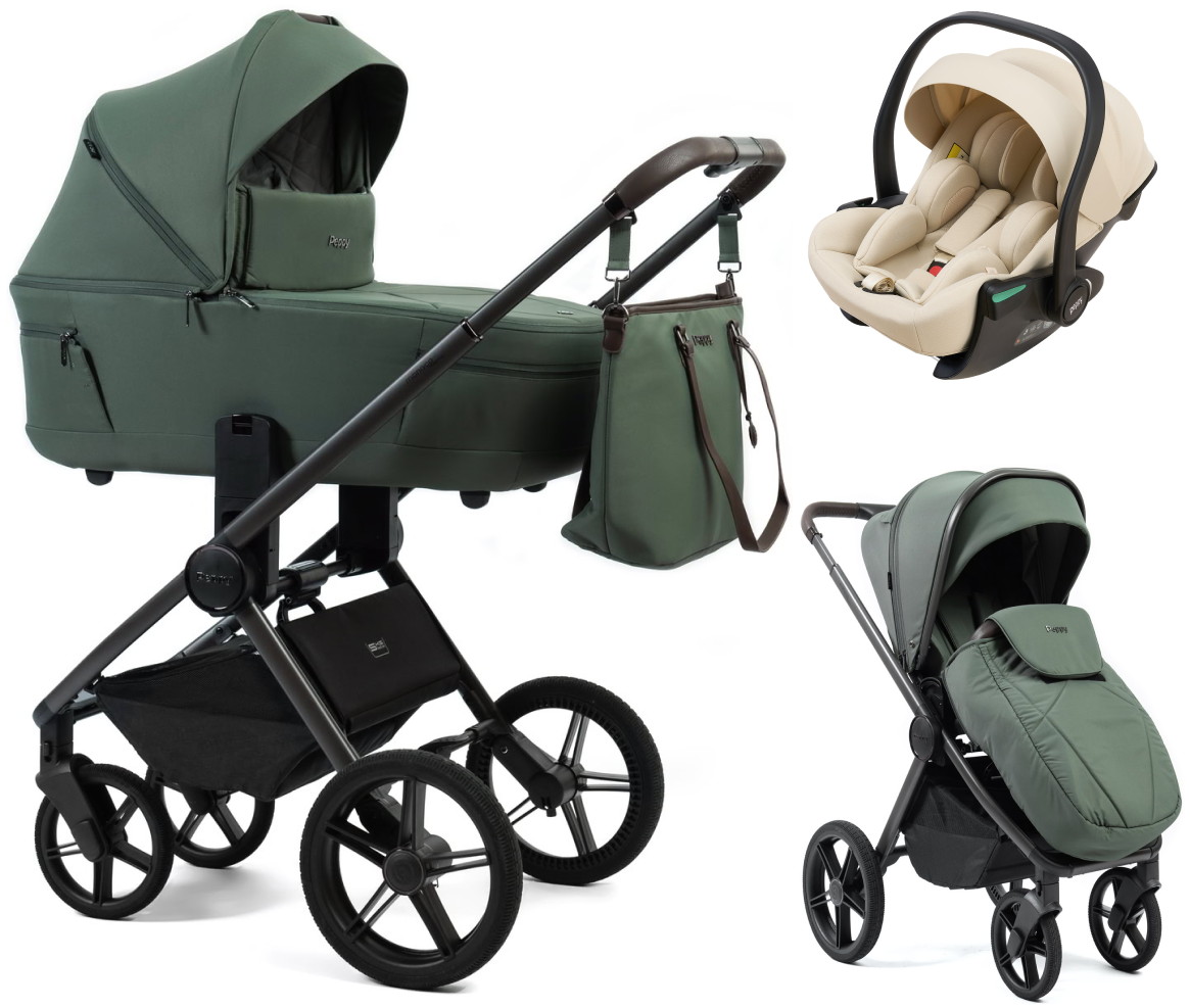 Детская коляска Peppy Monaco Thermo 3 в 1 с автокреслом Jet Beige Green (зеленый), рама серо-коричневая