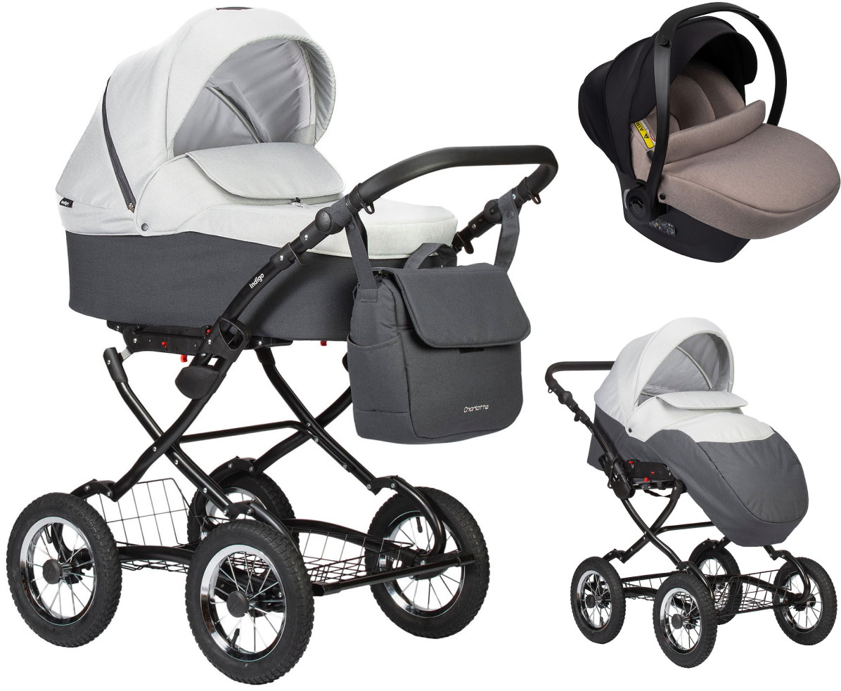 Детская коляска Indigo Charlotte Sity Classic 12 3 в 1 с автокреслом Avionaut Cosmo Beige Cs05 т.серый+св.серый