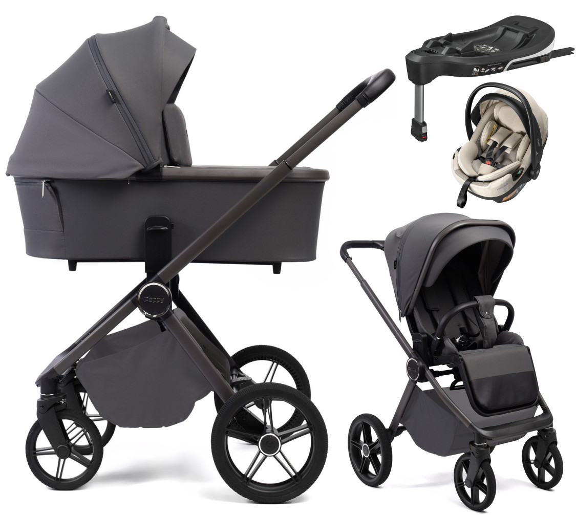 Детская коляска Peppy Monaco Plus 4 в 1 с автокреслом Welldon Crown 2 Beige и базой Antrazit (графитовый), рама серая