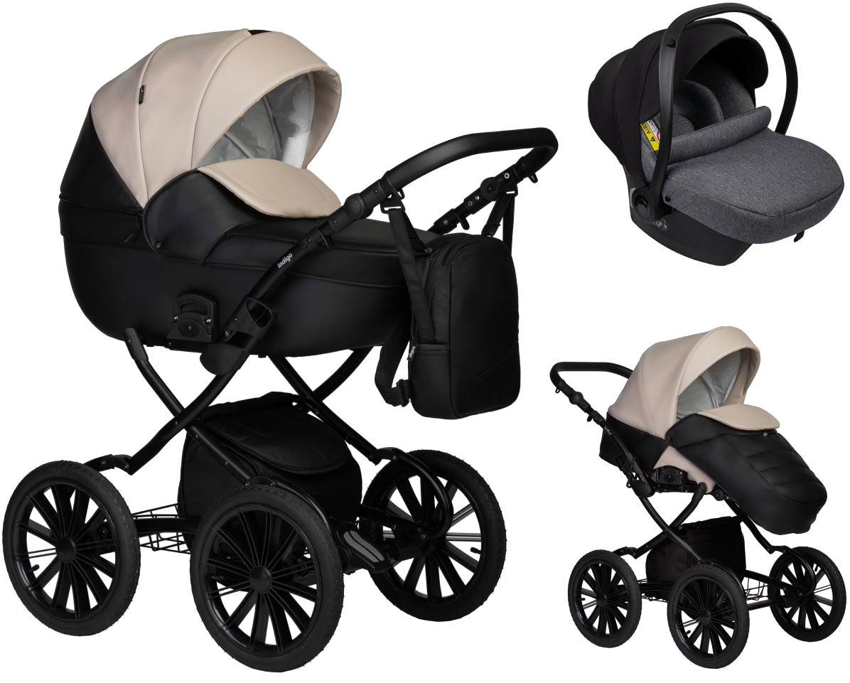 Детская коляска Indigo Mio Eco Plus 14 3 в 1 с автокреслом Avionaut Cosmo Grey 04 черная кожа+св.бежевая кожа