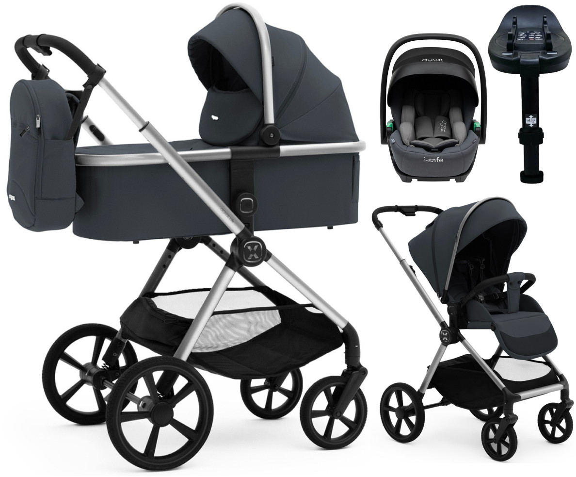 Коляска Agex Life 4 в 1 хромированная рама с автокреслом i-Safe S Grey и базой ALM606 Midnight Grey (Темно-серый)