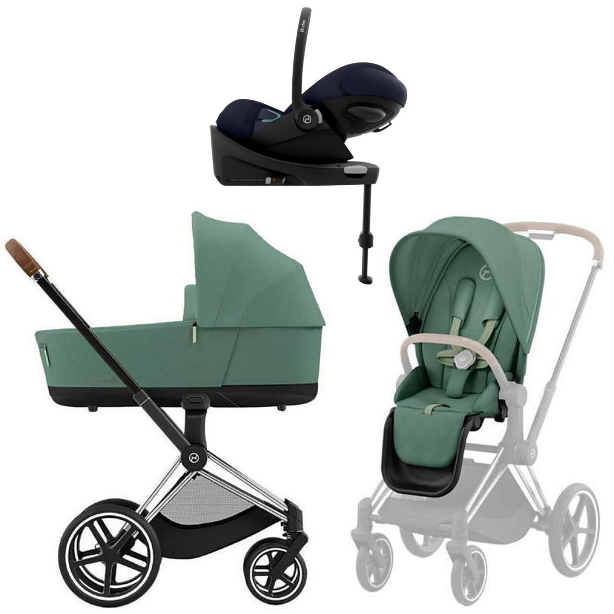 Коляска Cybex Priam IV Chrome Brown complete Cloud G Ocean Blue Plus Base G3 4 в 1 Leaf Green