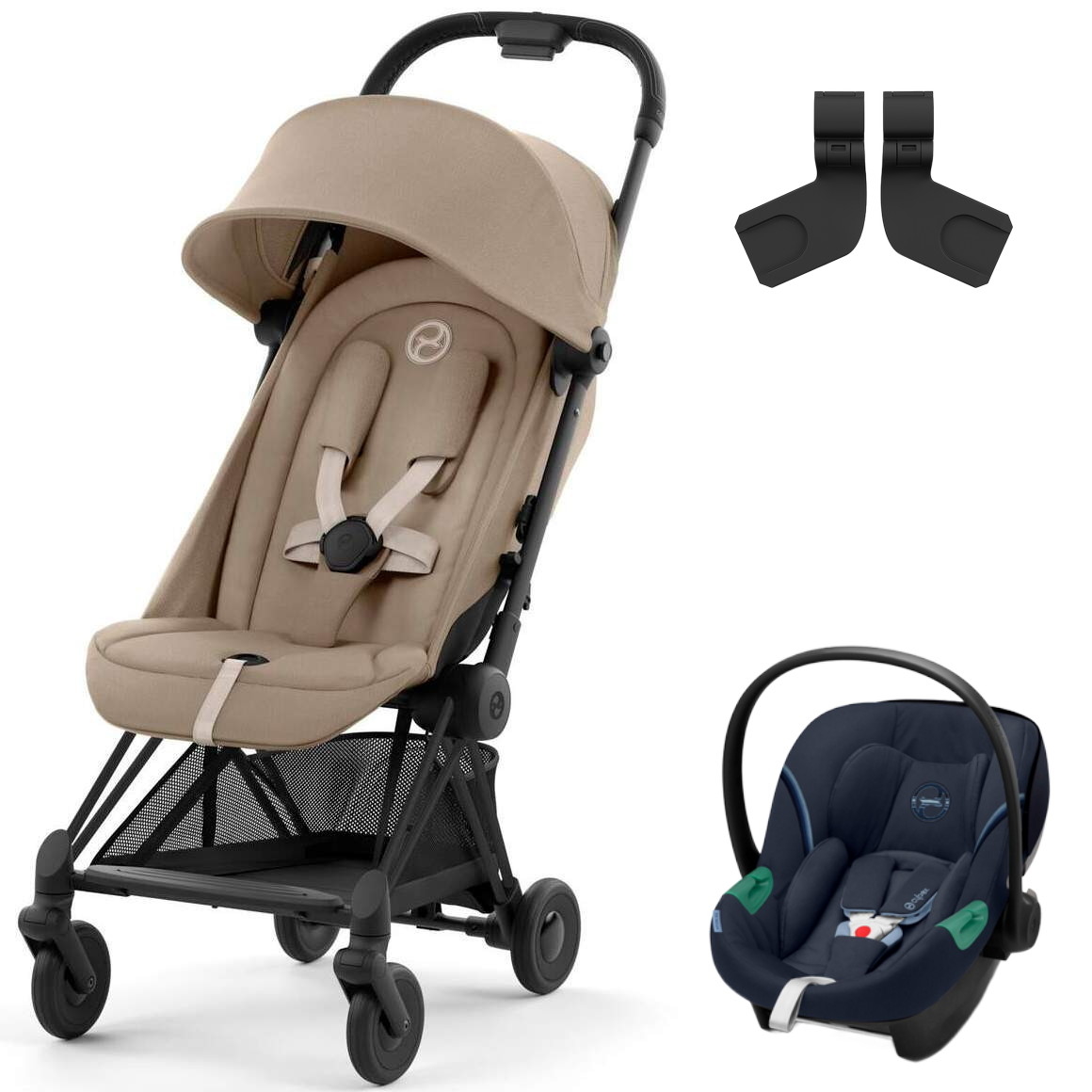 Коляска Cybex Coya Matt Black Frame Aton S2 i-Size Ocean Blue Cozy Beige с дождевиком и бампером