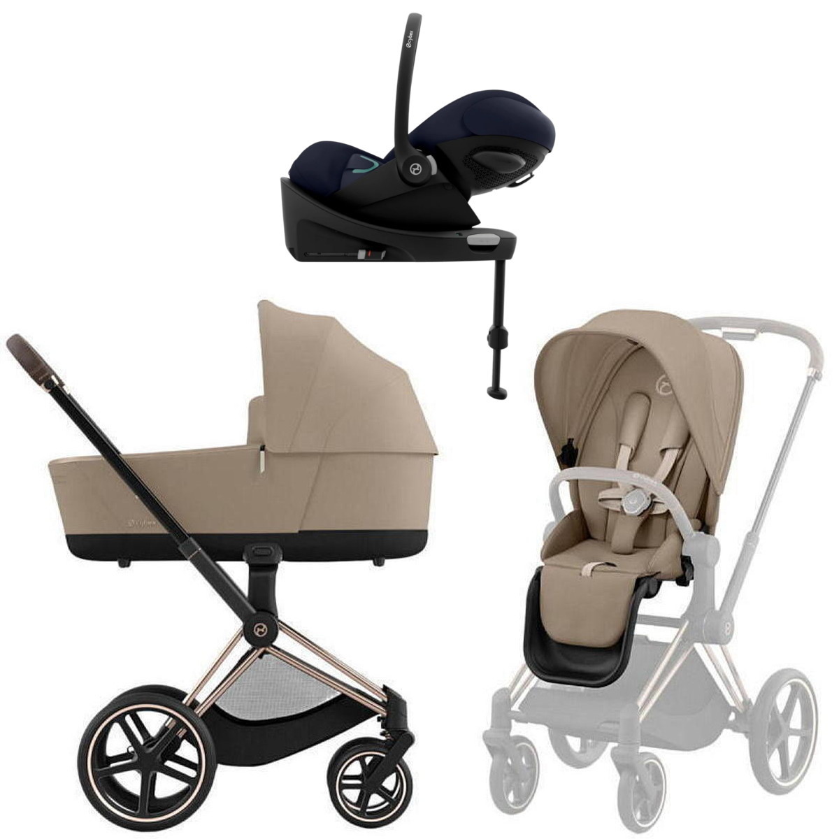 Коляска Cybex Priam IV Rosegold complete Cloud G Ocean Blue Plus Base G 3 в 1 Cozy Beige