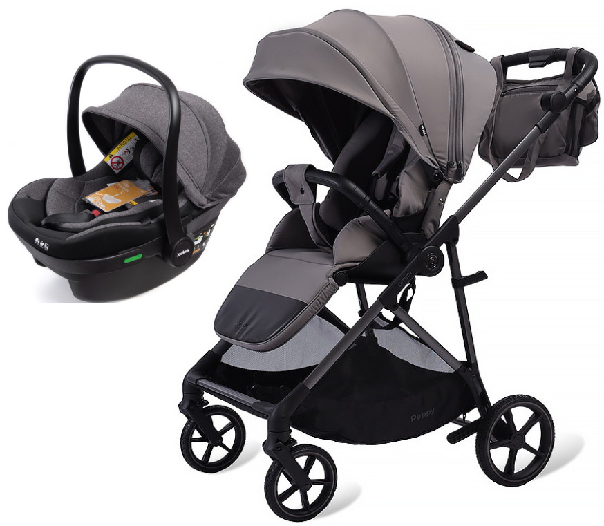 Прогулочная коляска Peppy Amici с автокреслом Jovikids Aria и базой Grey серый, рама серая