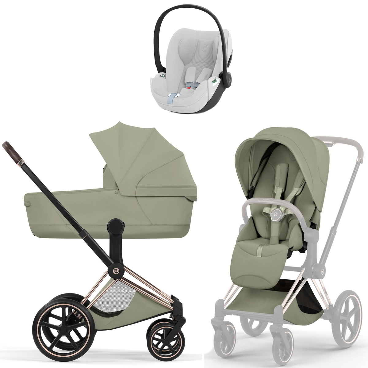 Коляска Cybex Priam V Rosegold Style Cloud T Platinum White Plus 3 в 1 Sage Green