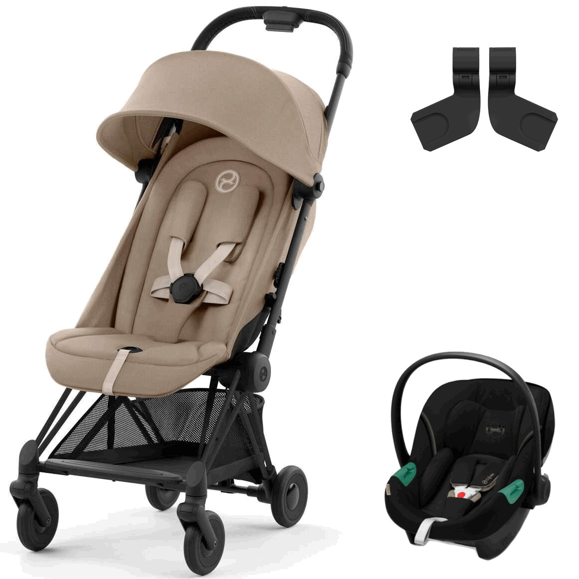 Коляска Cybex Coya Matt Black Frame Aton S2 i-Size Moon Black 2 в 1 Cozy Beige с дождевиком и бампером
