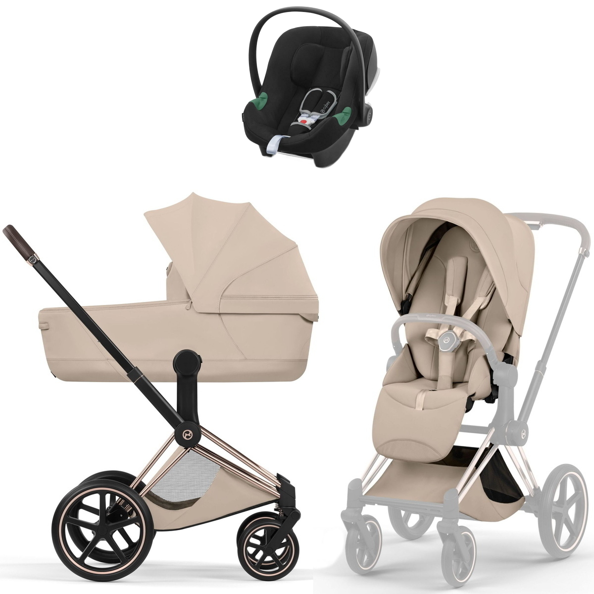 Коляска Cybex Priam V Rosegold Style Aton B2 Volcano Black 3 в 1 Cozy Beige