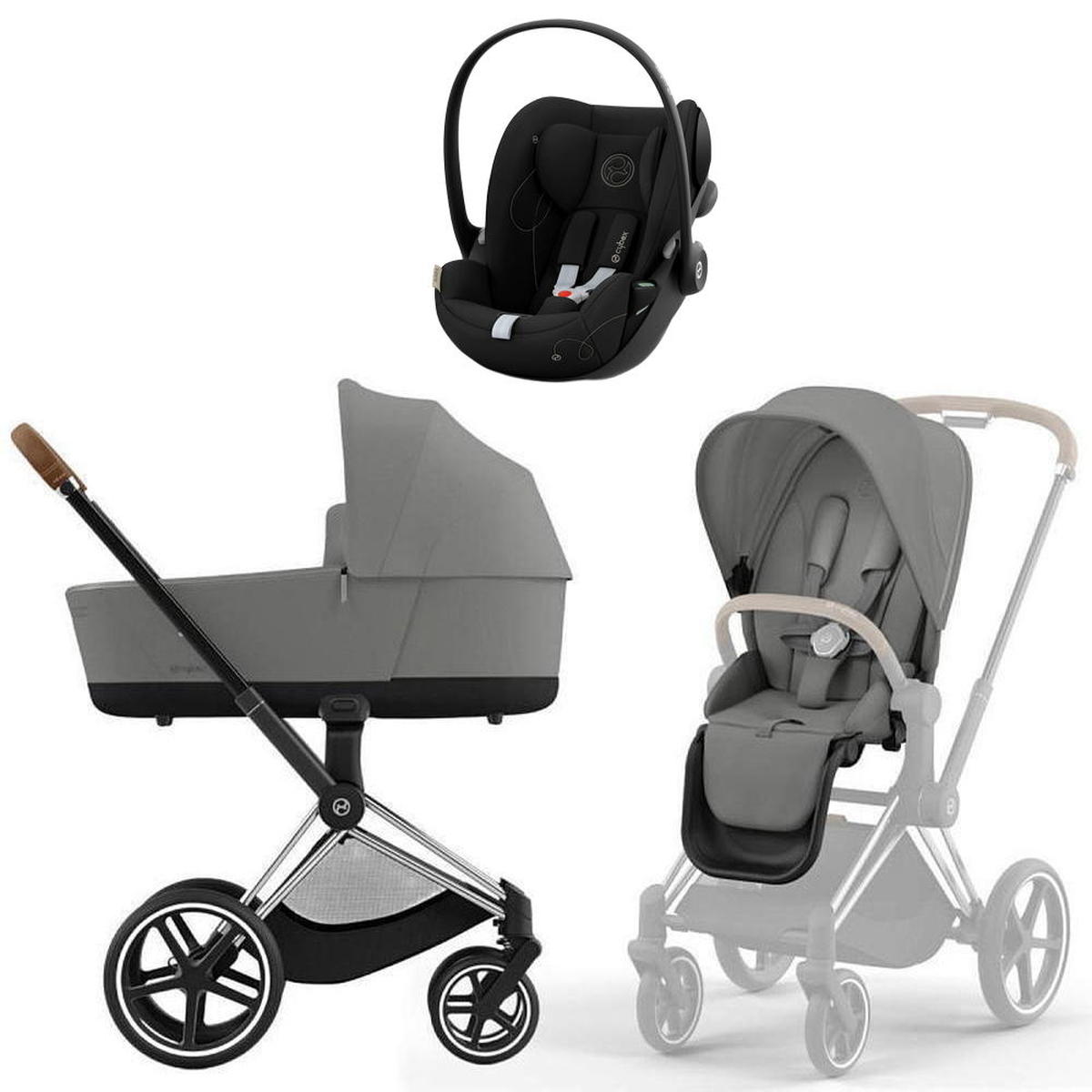 Коляска Cybex Priam IV Chrome Brown complete и автокресло Cloud G i-Size Moon Black 3 в 1 Mirage Grey