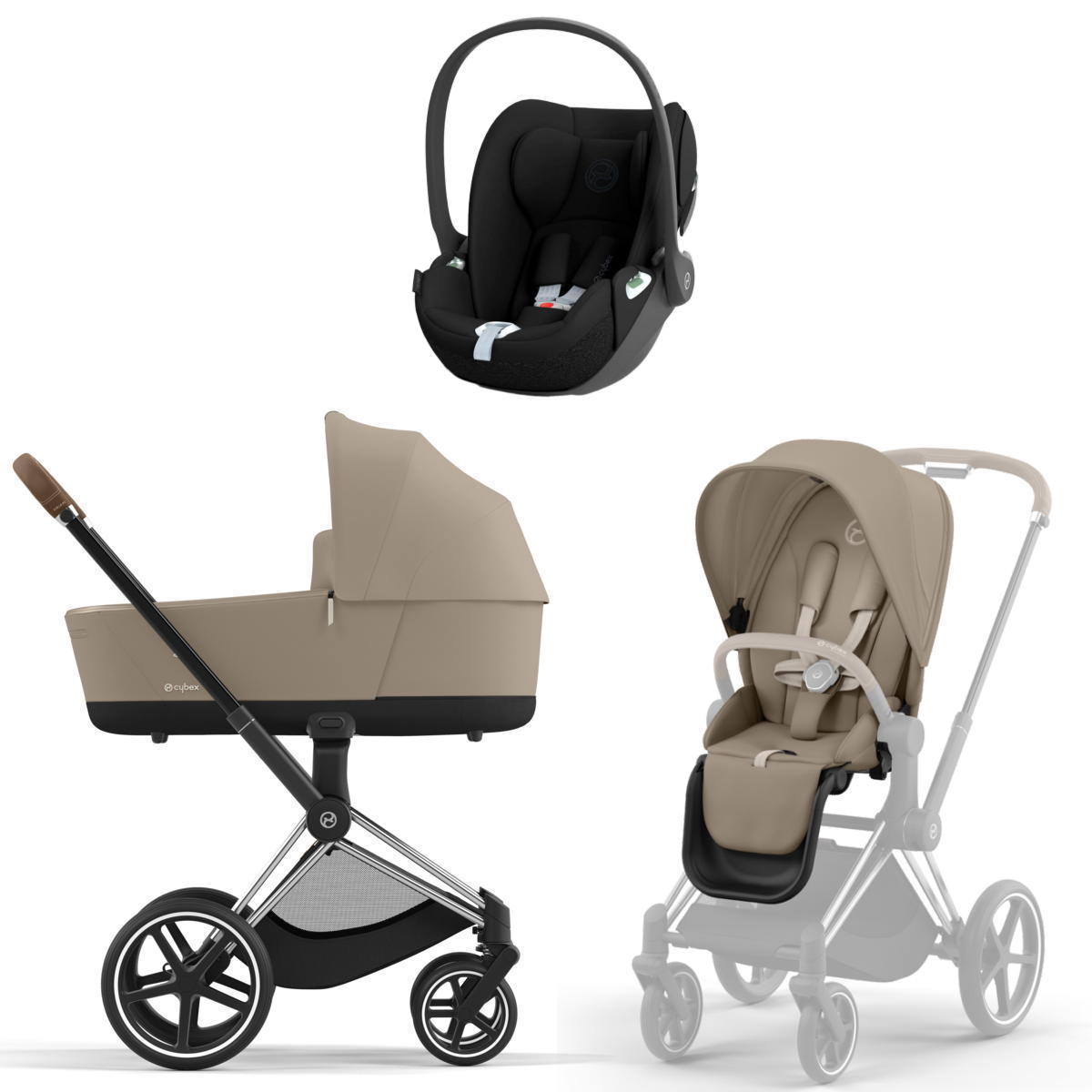 Коляска 3 в 1 Cybex Priam IV Chrome Brown complete и автокресло Cloud T i-Size Sepia Black Cozy Beige