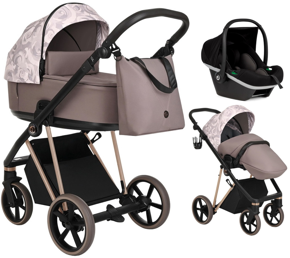 Детская коляска Roan Sol Flowers 3 в 1 с автокреслом Tutis Elo Black RSF/5001 Powder/Rose gold