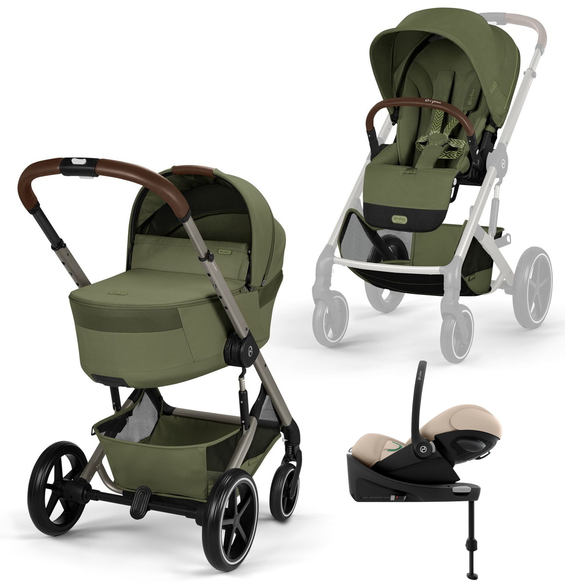 Коляска Cybex Balios S Lux Fold Cot TPE Cloud G3 Almond Beige Base G3 4 в 1 Moss Green с дождевиками