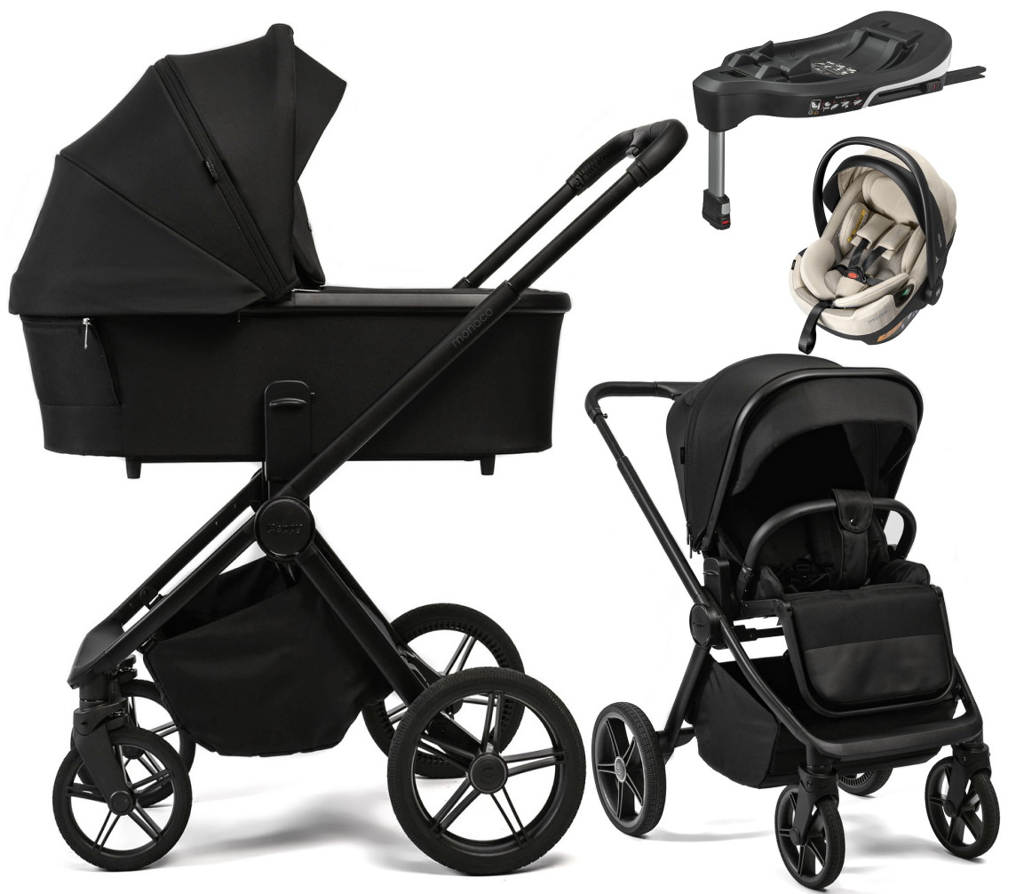 Детская коляска Peppy Monaco Plus 4 в 1 с автокреслом Welldon Crown 2 Beige и базой Black (черный), рама черная